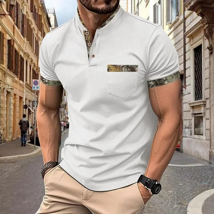 Men's Casual Colorblock Stand Collar Button Slim Fit Short Sleeve T-shirt 72559752M