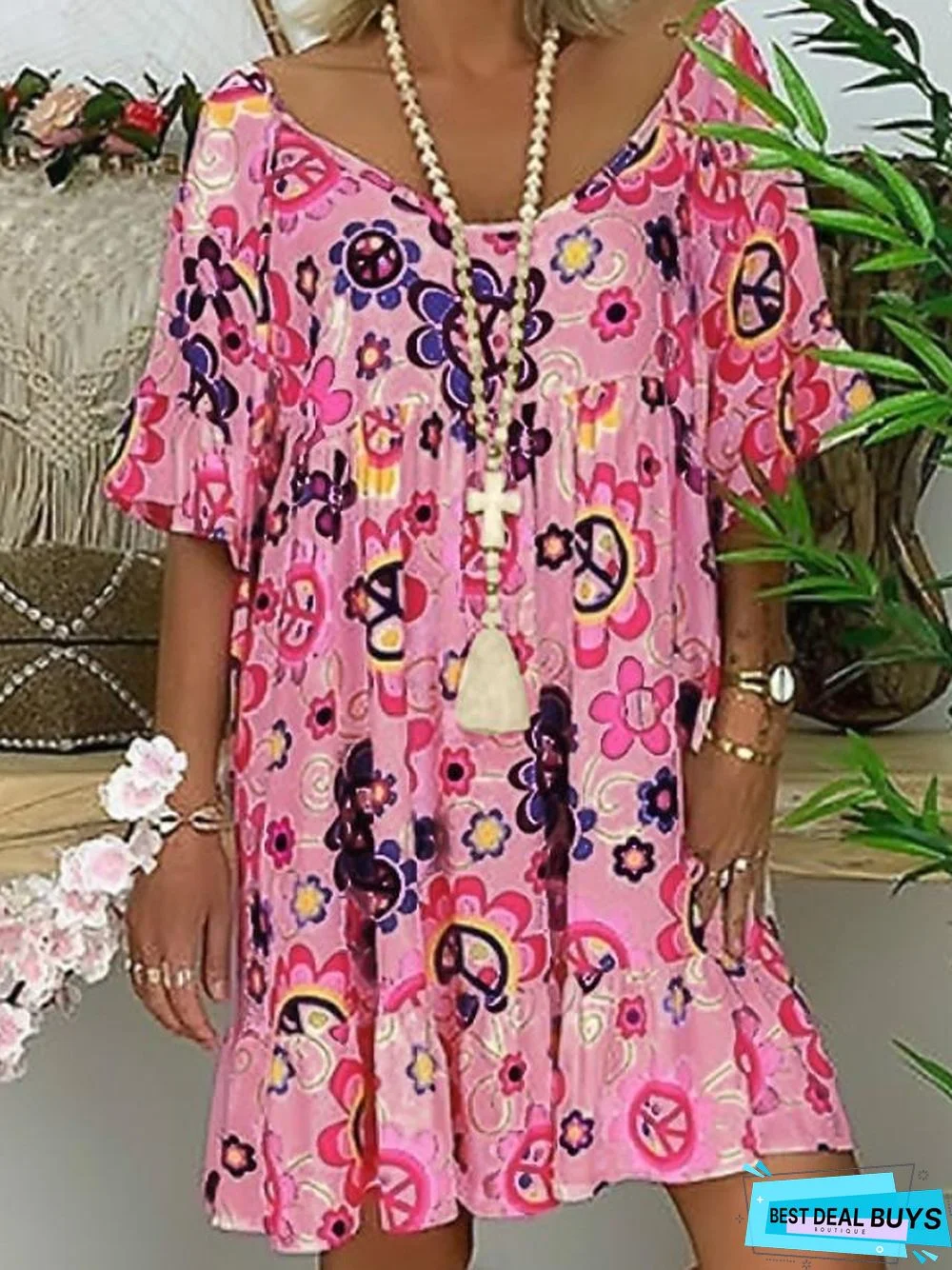 Women's Tunic Knee Length Dress - Short Sleeve Floral Print Summer Basic Hot White Blue Red Light Blue-0218817