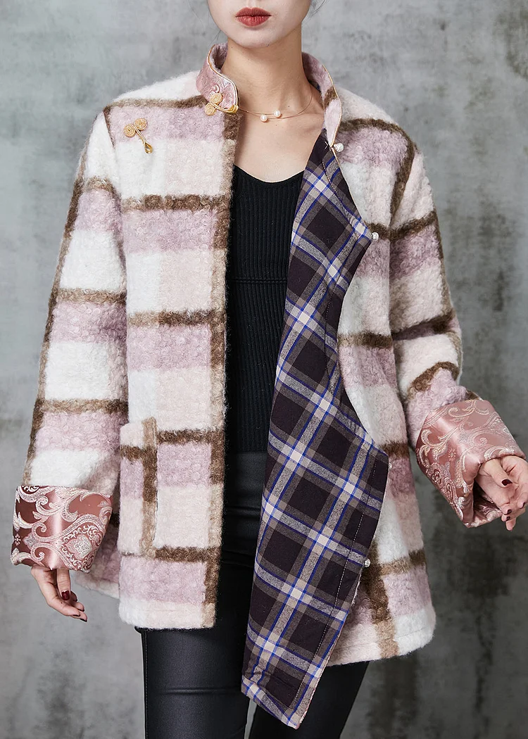 Women Pink Plaid Fine Cotton Filled Woolen Chinese Style Coats Spring