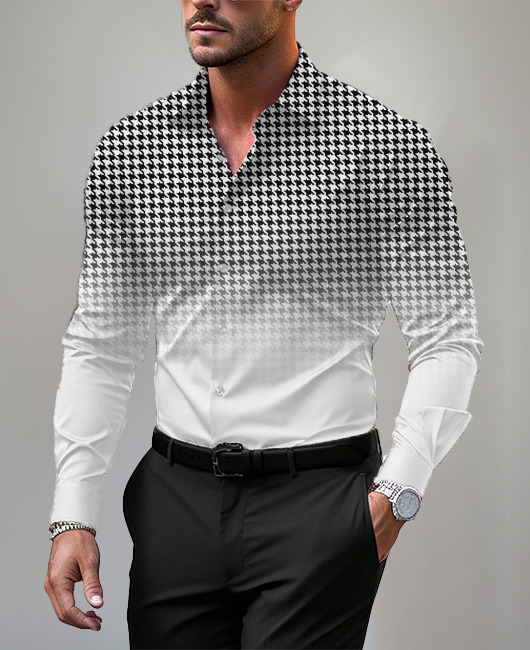 Gradient Houndstooth Pattern Single-breasted Long Sleeve Shirt