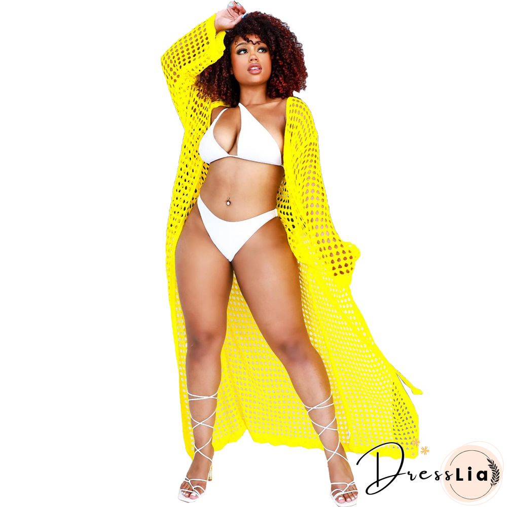 Beachwear Long Sleeve Mesh Grid Cardigan Cover-ups