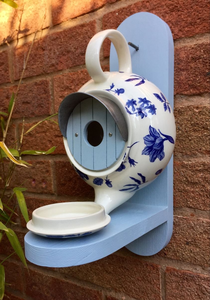 Blue and White Porcelain Teapot Bird House and Feeder
