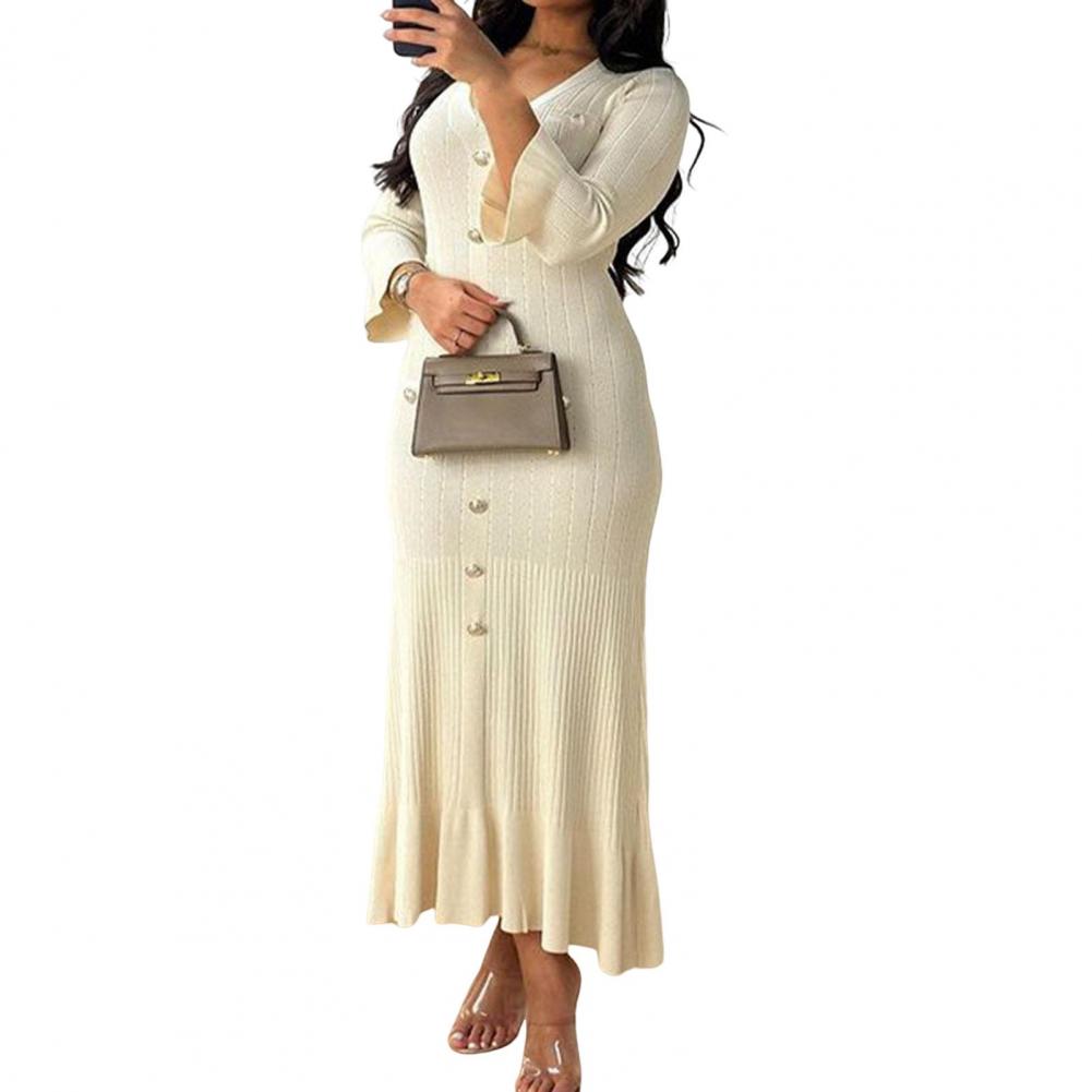 Searchwombat stylish dresses for women western Elegant Ruffles Split Knitted Single Breasted Dress Women Pleated Ruffle Sleeves V-neck Long Dresses Female Streetwear Robes
