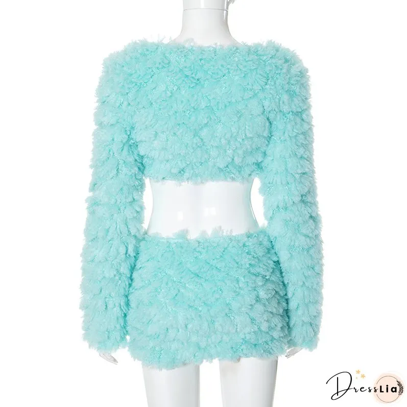 Autumn And Winter Mint Green Long Sleeve Fur Coat Short Skirt Two Piece Set