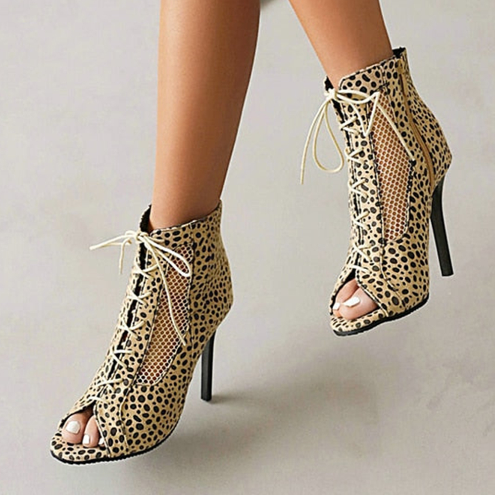 Beige Leopard Print Peep Toe 3'' Stiletto Heel Lace Up Ankle Boots Nicepairs