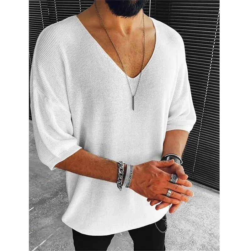 Mongw Mongw Men's Wear Summer And Fall Short-Sleeved Top Fashion Casual V-Neck Sweater Men's T-Shirt