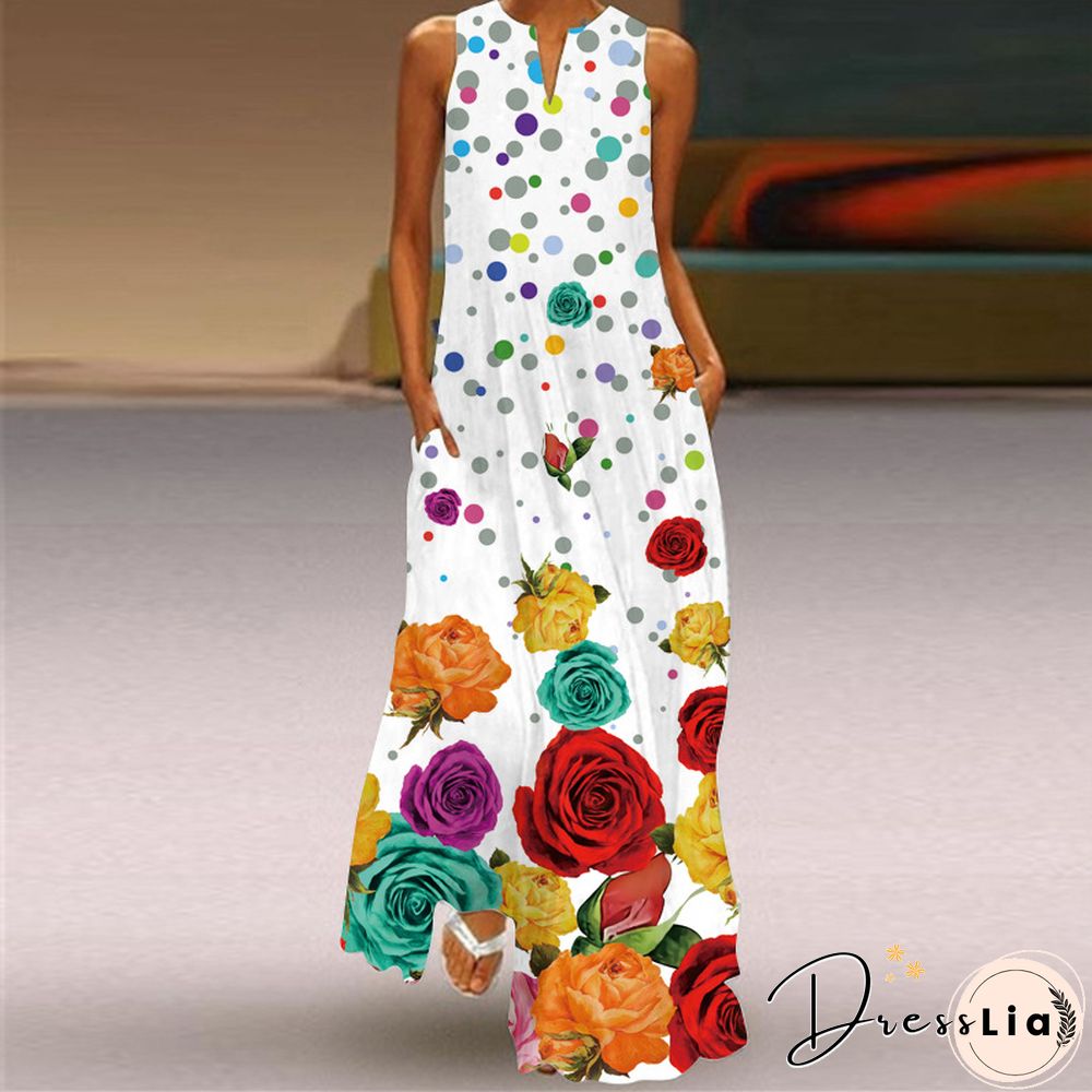 New Fashion Print Summer Dress Casual Sexy Boho Beach Women Party V-neck Sleeveless Pocket