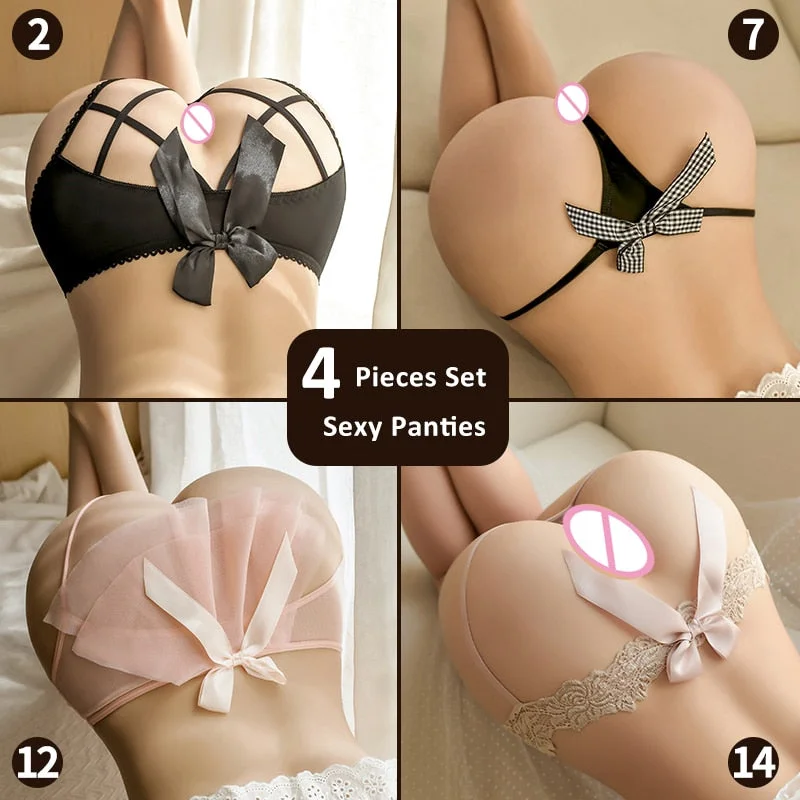 16 Types Of Porno Open Crotch Sexy Panties Lace See Through String Briefs 4 Pcs Set Cute Bow Knot Thong Sex Underwear For Women