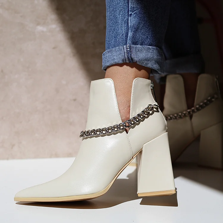 Woman's White Classic Ankle Boots Flared Chain Chelsea Boots |FSJ Shoes