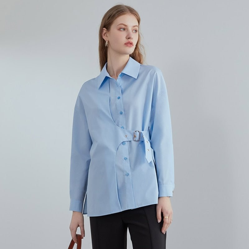 FSLE Fashion Belt Casual White Blouse Shirt Women Long Sleeve Spring Button Up Shirt Office Lady Elegant Blue Top Female