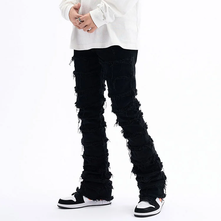 Hip Hop Streetwear Striped Tassel Frayed Straight Baggy Jeans Stacked jeans at Hiphopee