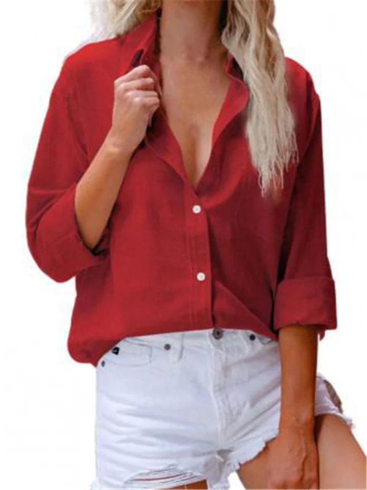 Lapel Solid Color Buttons Long Blouses