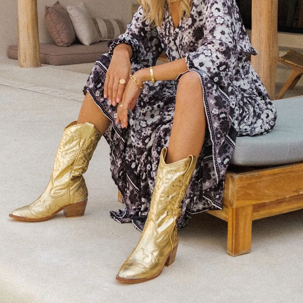 Gold Stacked Heel Closed Toe Stitching Western Boots for Women