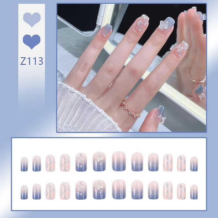 Frozen Blue Butterfly Wearable Nails Finished Manicure