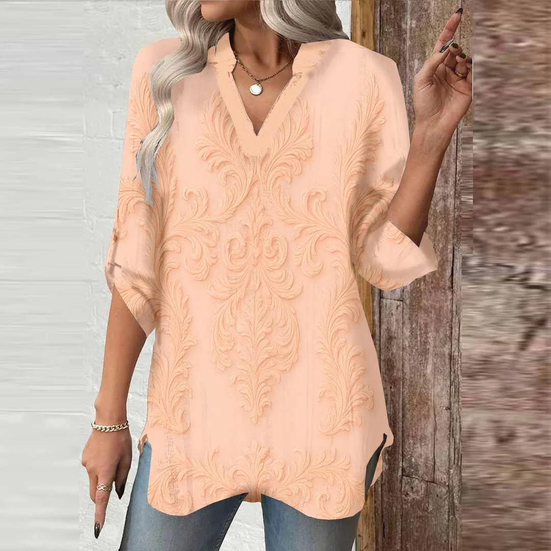Women Pink, Floral, Retro DZGA0531 3/4 Sleeve V-neck Printed Graphic Button Tops