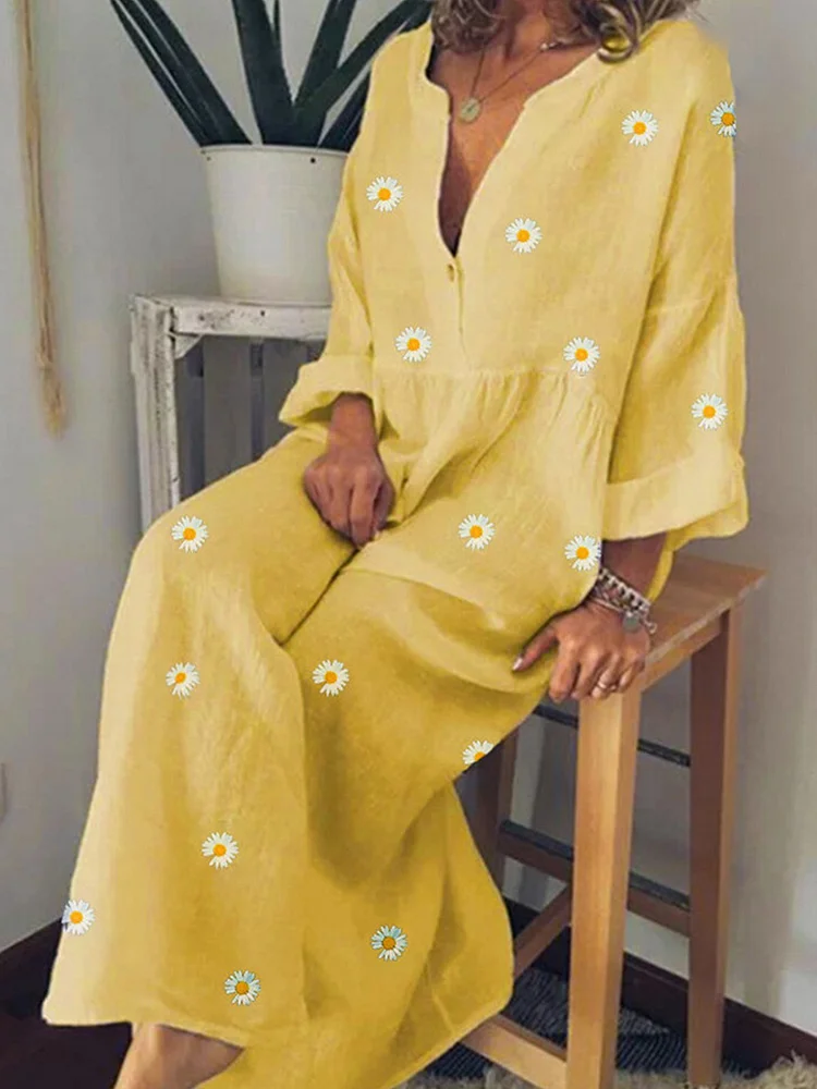 Daisy Print Long Sleeve Loose Dress