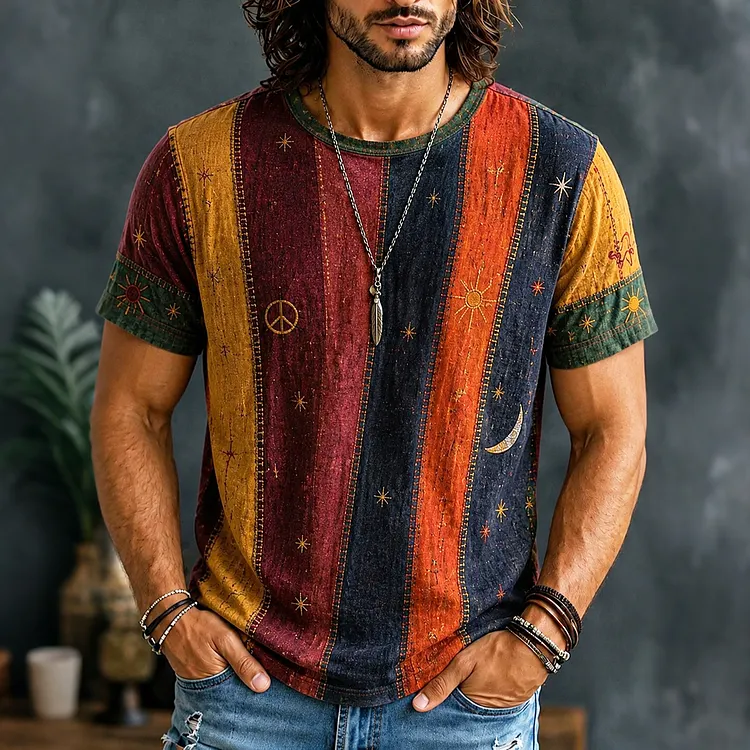 Men's Hippie Patchwork Sun Moon Star Boho Art Print T-shirt