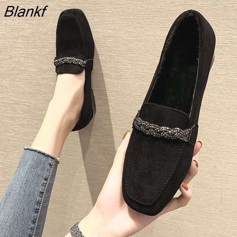 Blankf Autumn Winter Women Loafers Low Heels Boat Shoes Square Toe Dress Shoes Chain Faux Suede Plush Warm Ladies Shoes