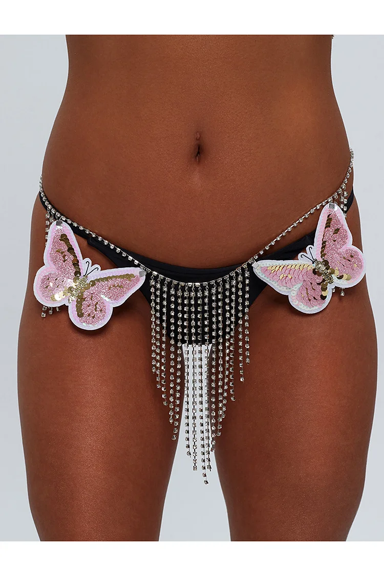 Metal Rhinestone Fringe Butterfly Stitching Waist Chain Festival Body Chain