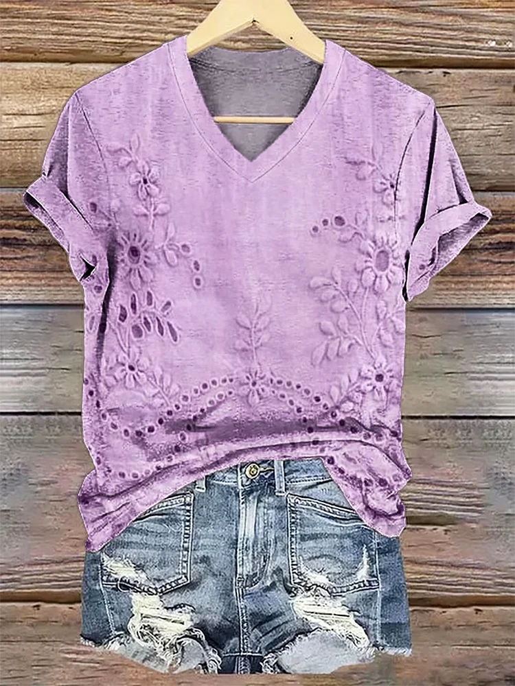Women's Vintage Floral Texture Patterns Print V-neck Casual Shirt