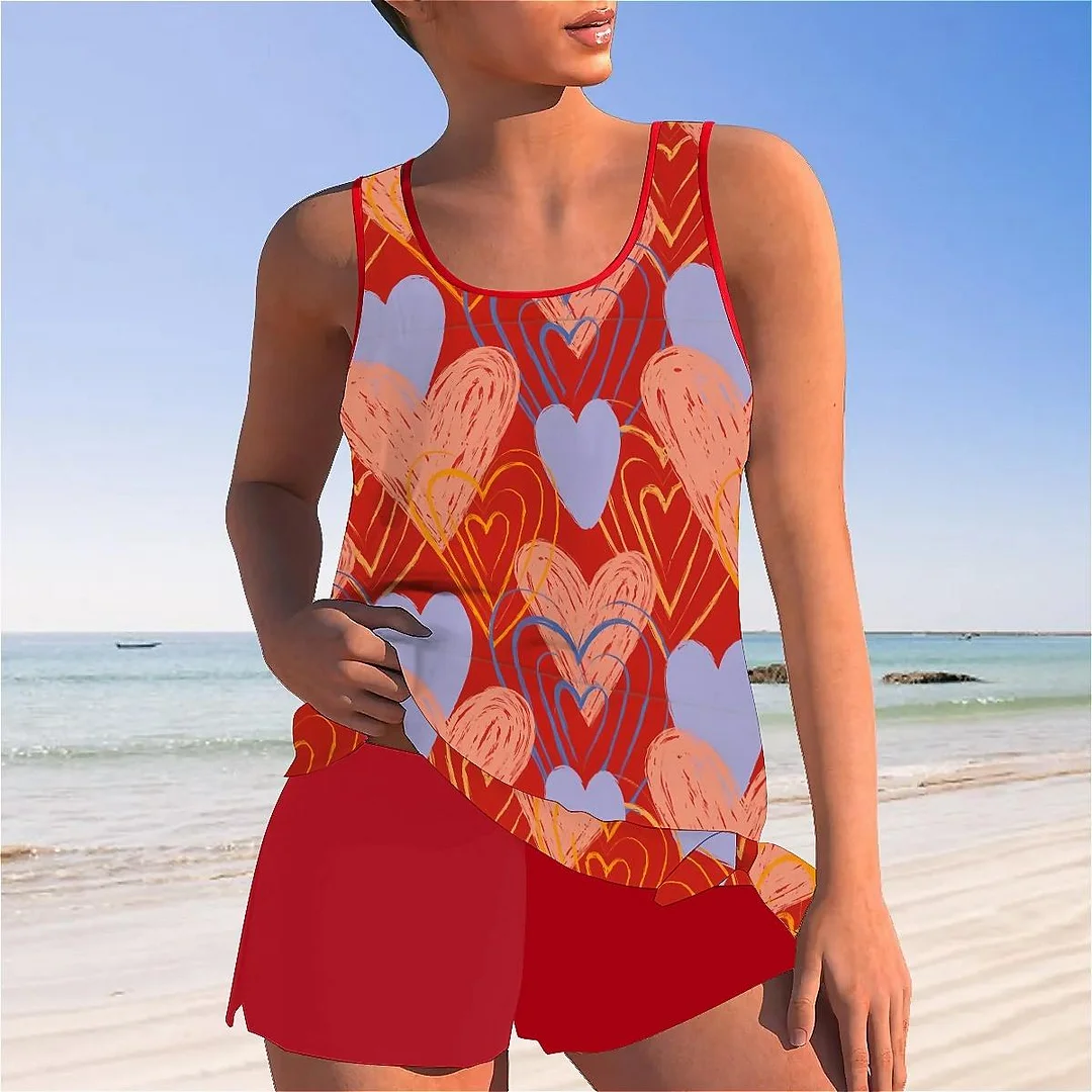 Bowknot Heart,Love,Valentine's Day Mid Waisted Tankini Set - Plus Size Available