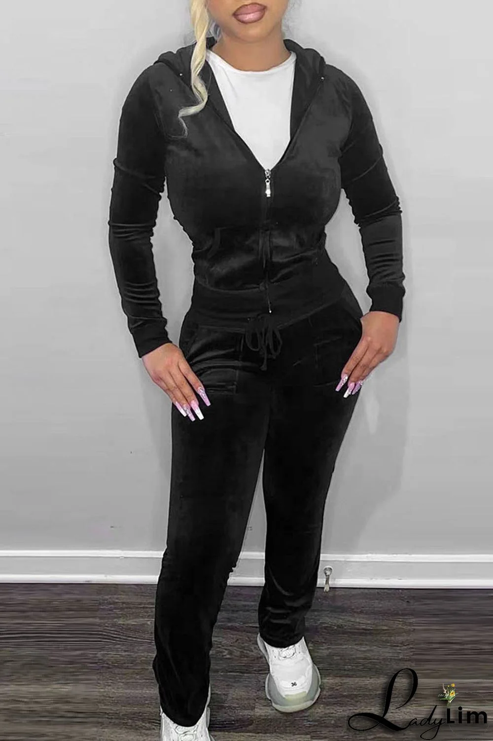 Pink Casual Solid Patchwork Hooded Collar Long Sleeve Two Pieces