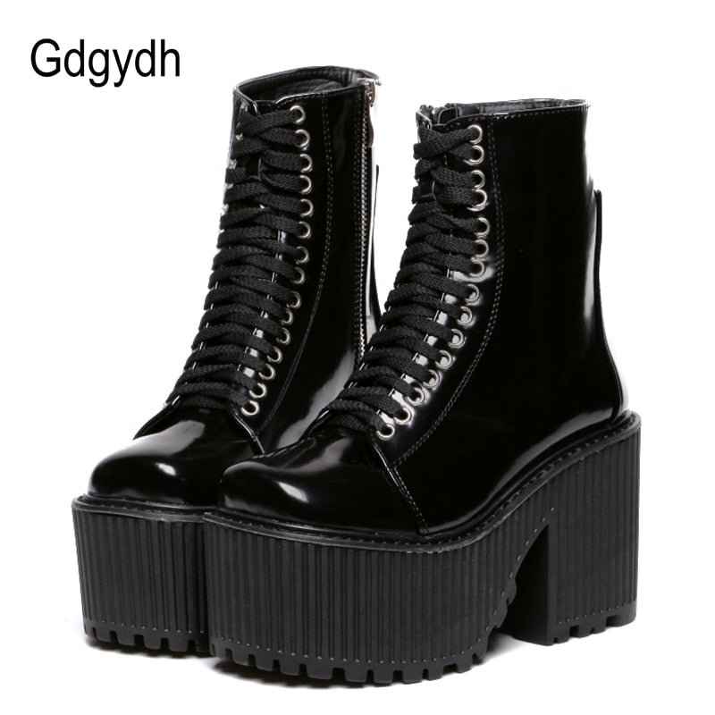Gdgydh Fashion Ankle Boots For Women Platform Shoes Punk Gothic Style Rubber Sole Lace Up Black Spring Autumn Chunky Boots Woman