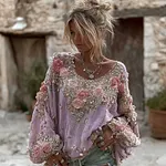 Women's Vintage Pink Rose Embroidery Art Round Neck Long Sleeve Linen Blend T-shirt - Image 7