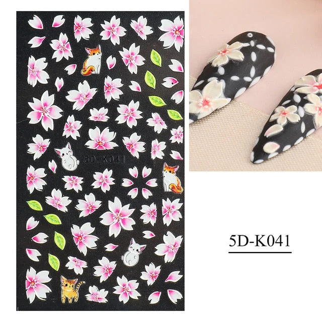 Nail Stickers Embossed 5D Flowers Leafs Designs Back Glue Nail Decals Decoration Tips For Beauty Salons-Nail Inspo