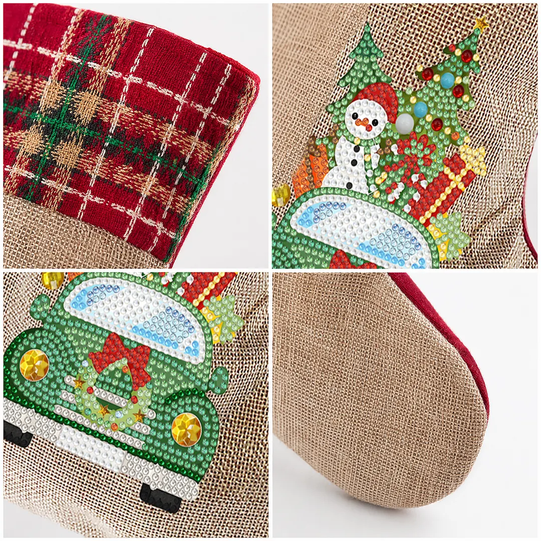 DIY Diamond Painting Christmas Stockings Hanging Ornaments Large Capacity Xmas Socks Pendant Wear Resist Candy Gift Storage Bags for Family Christmas Holiday Party Decoration (Christmas tree car)