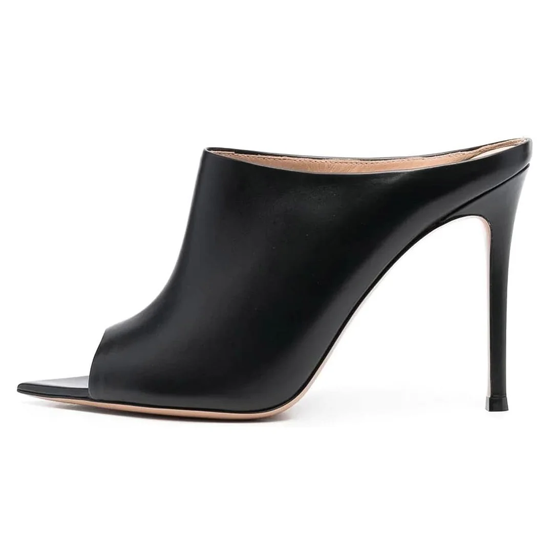 Black Vegan Leather Open Pointed Toe Mules with Stiletto Heels