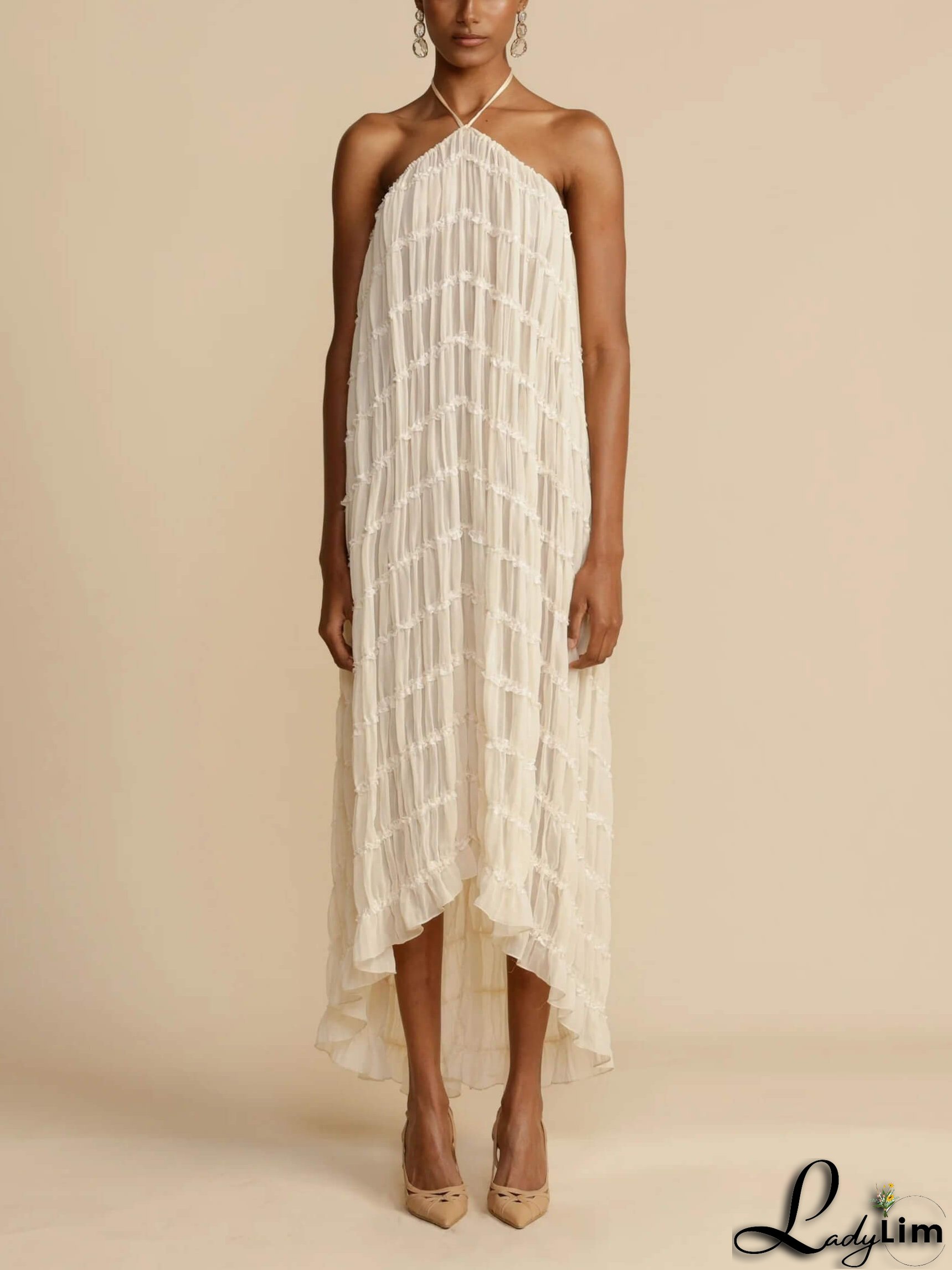 Charming Pleated Drawstring Waist Tiered Halterneck Midi Dress