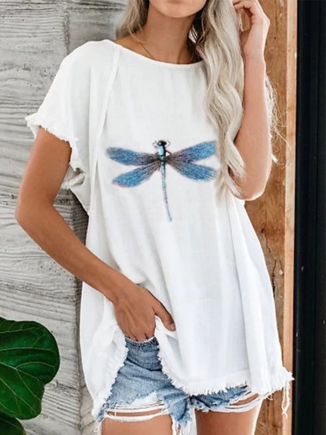 Vintage Short Sleeve Statement Dragonfly Printed Crew Neck Plus Size Casual Tops