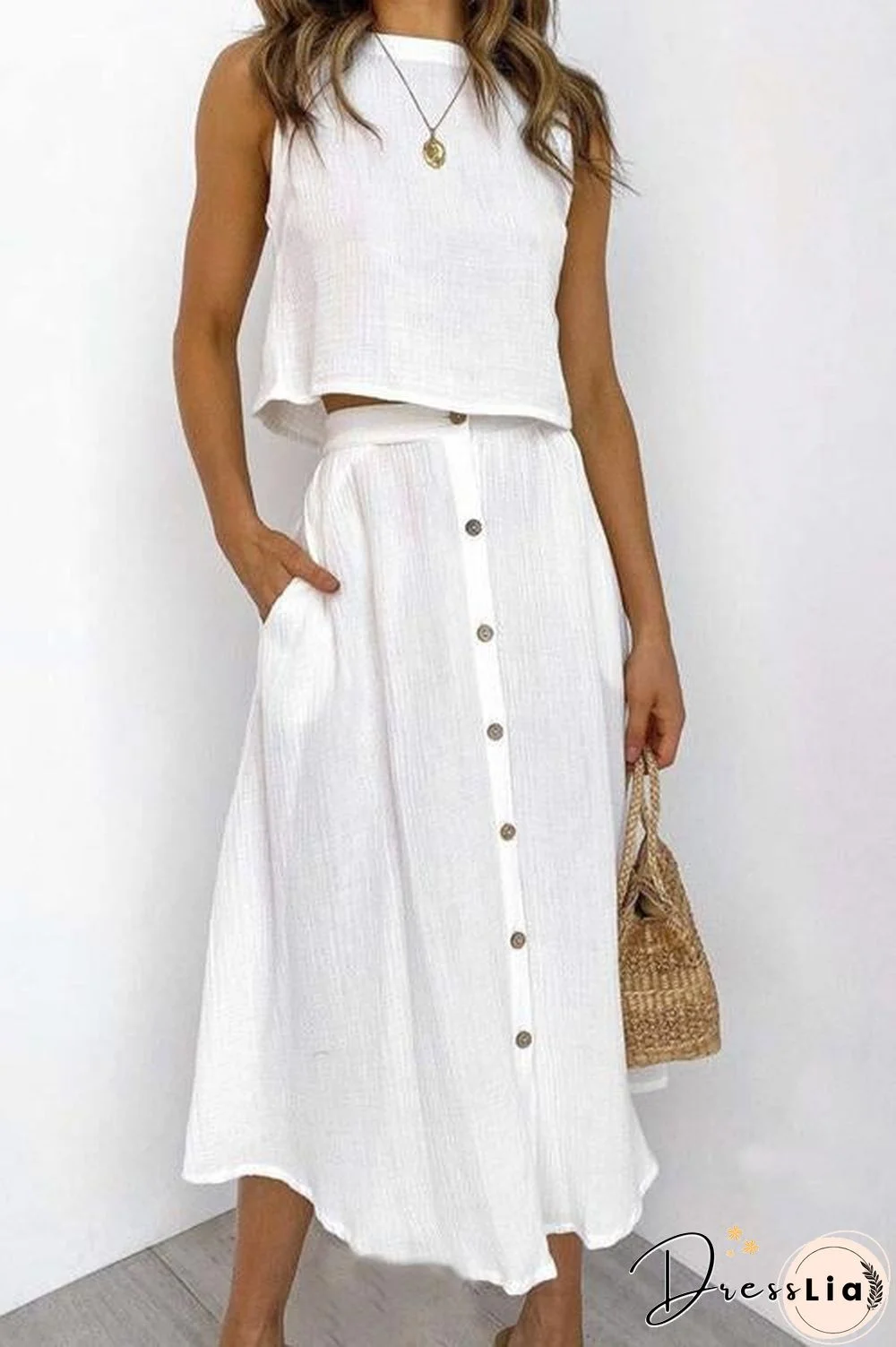 Button Decorate Vest Naxi Skirts Set