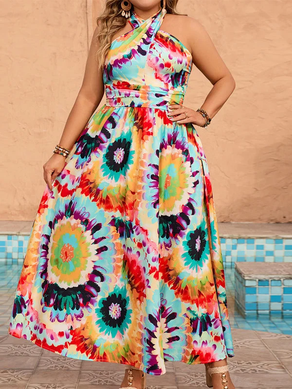 Women's Sleeveless Halter Graphic Maxi Dress