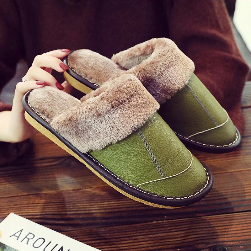 Female Slippers Genuine Leather Women's Slippers for Home Soft Velvet Plush Slippers Indoor Comfy Waterproof  Shoes Woman