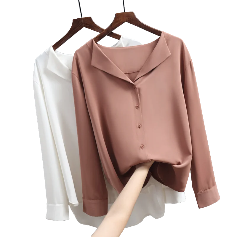 Casual Solid Female Shirts Outwear Tops 2021 Spring Women Chiffon Blouse Office Lady V-neck Button Loose Clothing New Chic 5104