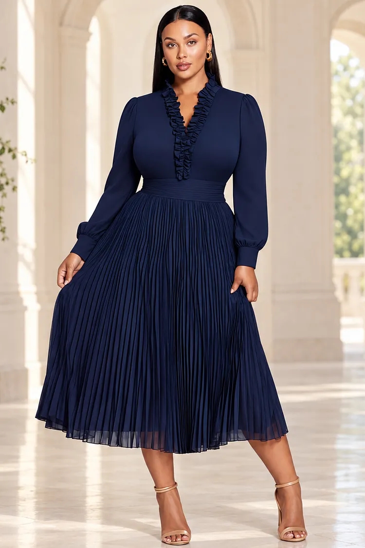 Xpluswear Design Plus Size Cocktail Party Navy Blue V Neck Long Sleeve Ruffle Pleated Chiffon Midi Dresses [Pre-Order] 2024 - Xpluswear