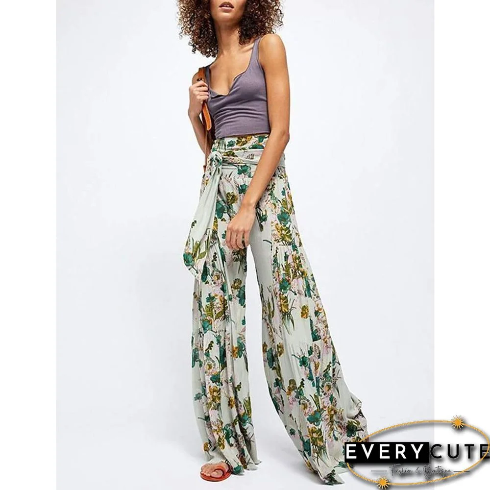 Light Green Digital Print Tie Waist Beachwear Wide Leg Pants