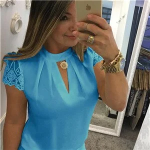 Mongw Summer Women Chiffon Blouses  Stand Collar Lace Short Sleeves Elegant Lady's Shirts Lace Patchwork Blouse Sexy Shirts