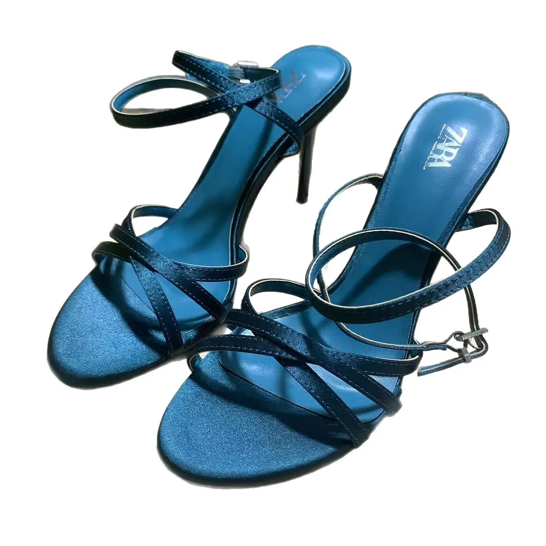 Breakj Breakj Home 2025 New French High-Heeled Women's Shoes Tip With Cross-Clasp Fashion Dew Sandals Female Peacock Green