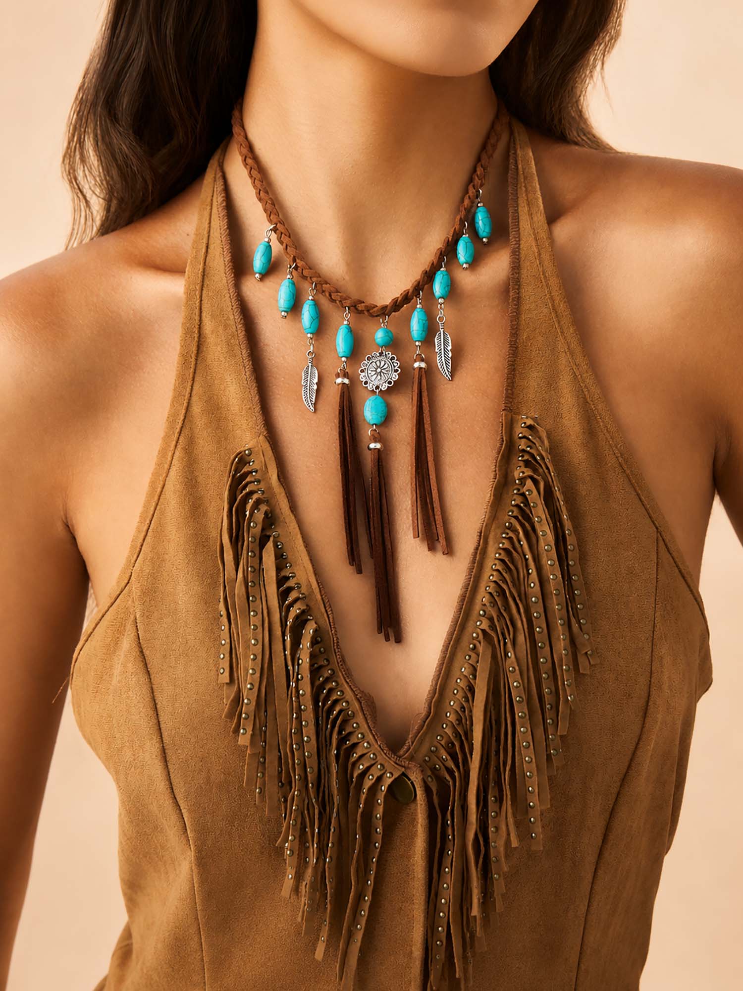 Perfect for a Country Music Festival &mdash; Vintage Turquoise Native Inspired Suede Fringe Choker Necklace