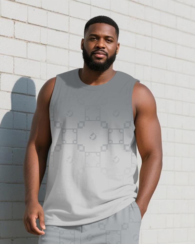 Big & Tall Men's Light Gray Gradient Geometric Letter Print Vest Trousers Suit
