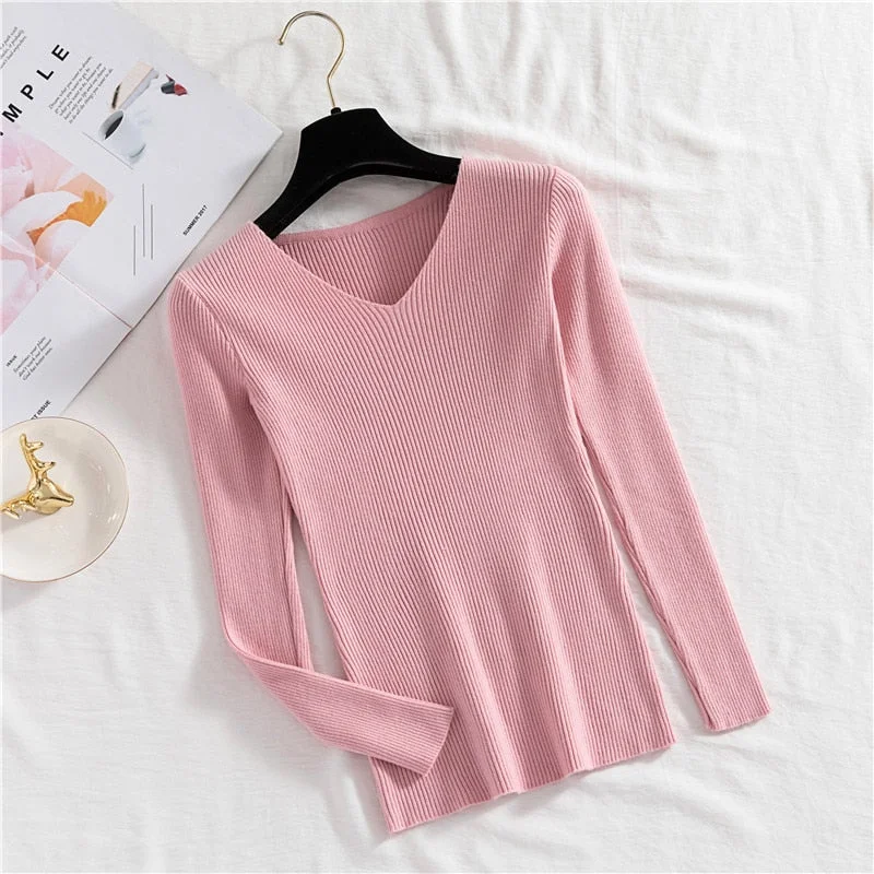Zoki Sexy V Neck Women Pullover Sweater Fashion Autumn Winter Long Sleeve Knitted Jumper Top Casual Korean Slim Basic Blouse
