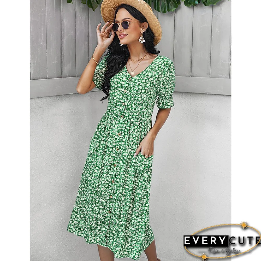 Green Button Down V Neck Pocketed Floral Dress