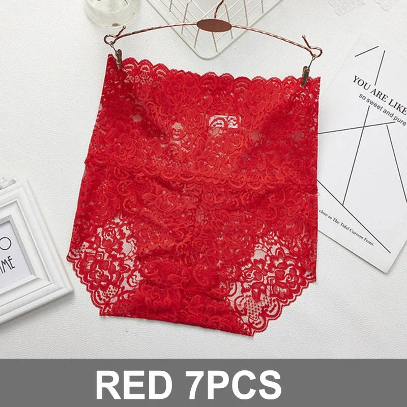 7PCS High Waist Panties Women Lace Sexy Underwear Female Floral Perspective Lingerie Briefs Underpants Plus Size Pantys M-XXXL