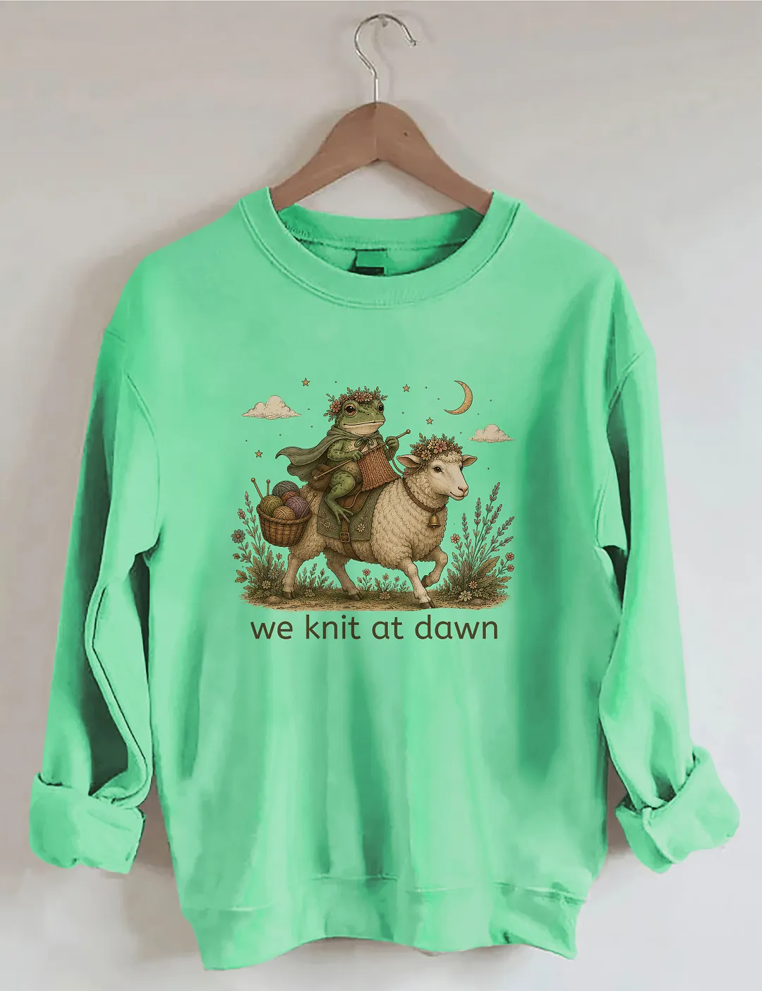 We Knit At Dawn Knitter Frog And Sheep Sweatshirt