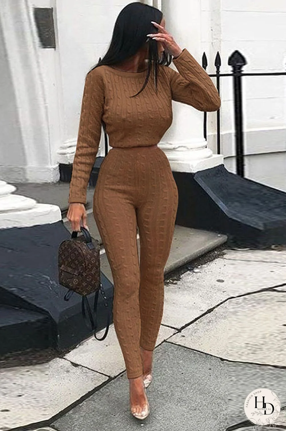 Coffee Elastic Fly Long Sleeve Mid Solid pencil Pants Two-piece suit