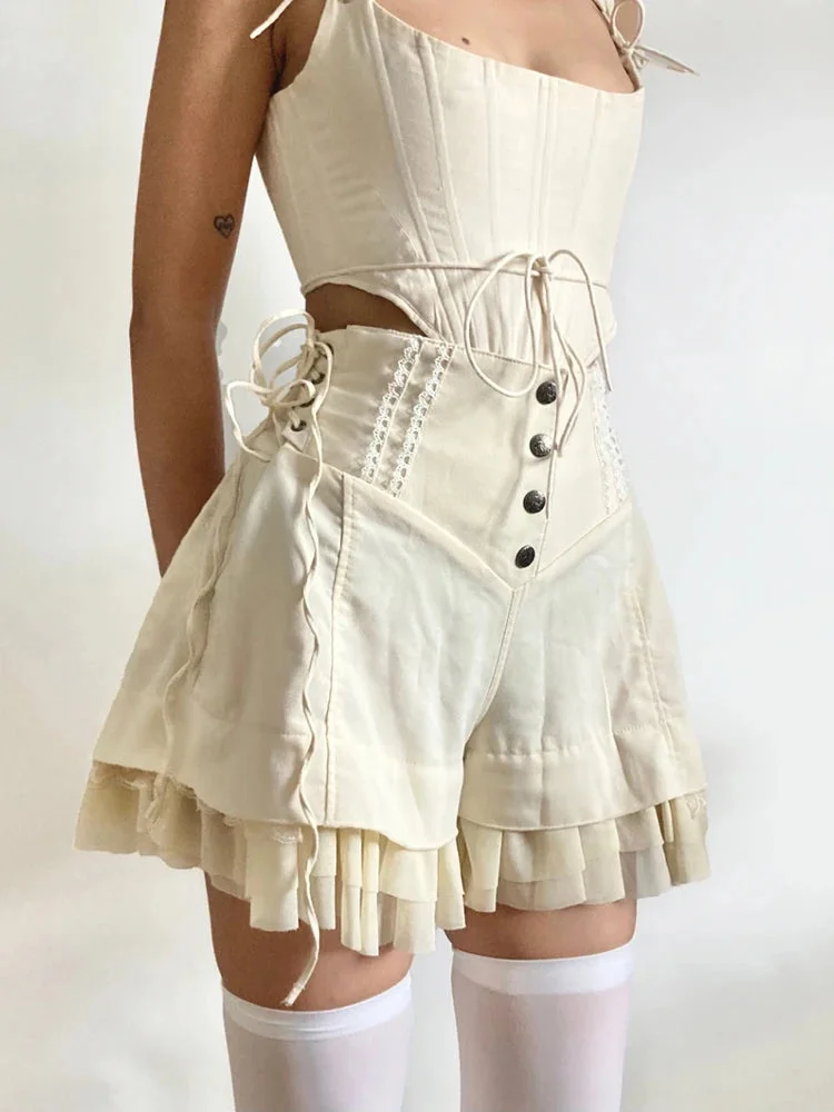 Brownm Ruffled Lace Up Shorts