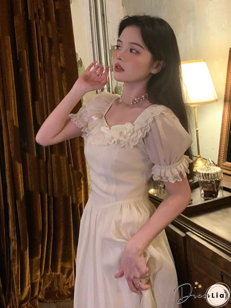 Joskka Rose Flower Elegant Vintage Dress Women Ruffles Lace Fairy Sweet Long Dress Female Bubble Sleeve Princess Designer Dress